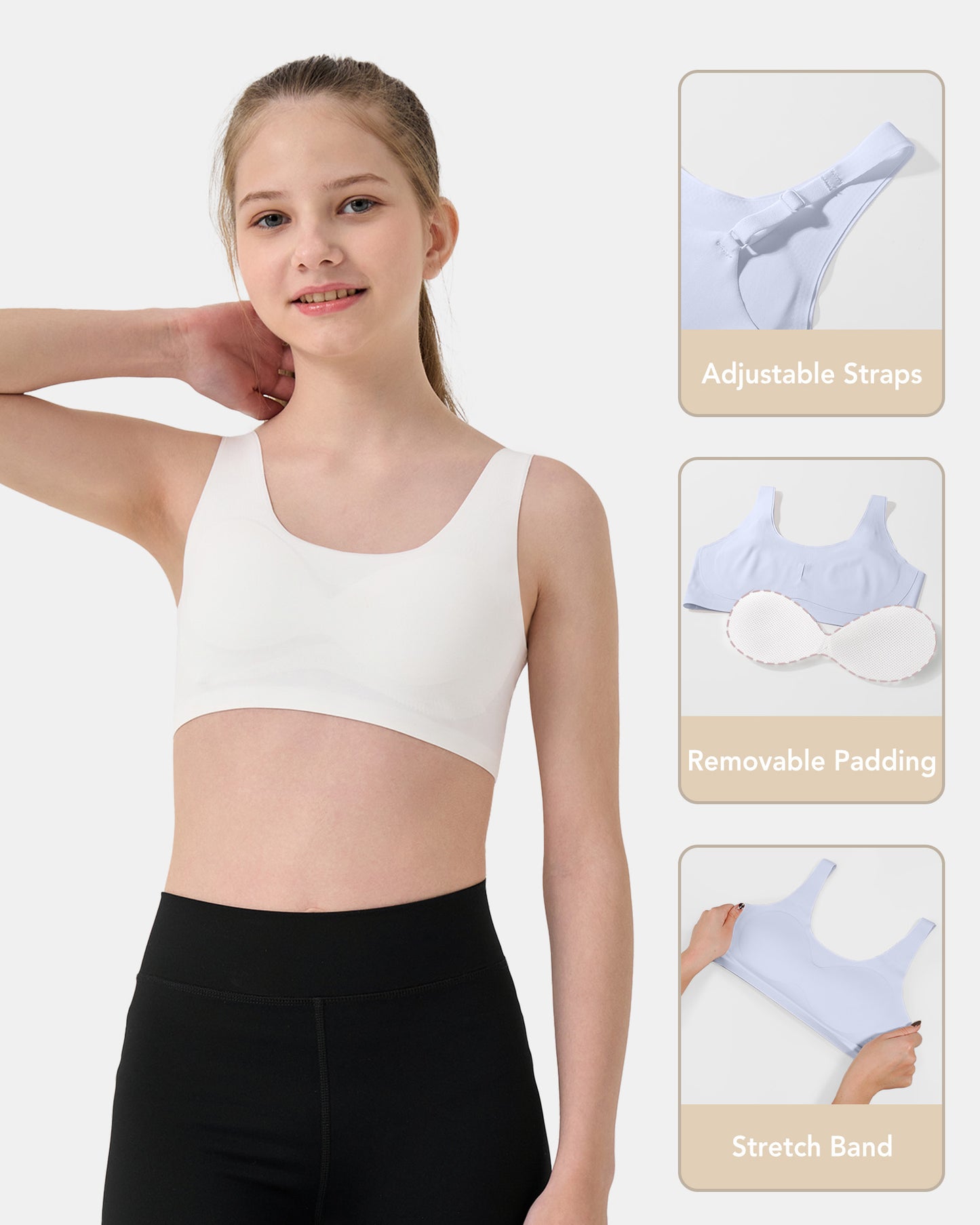 4 PACK Seamless Tween Sports Training Bra with Removable Pads